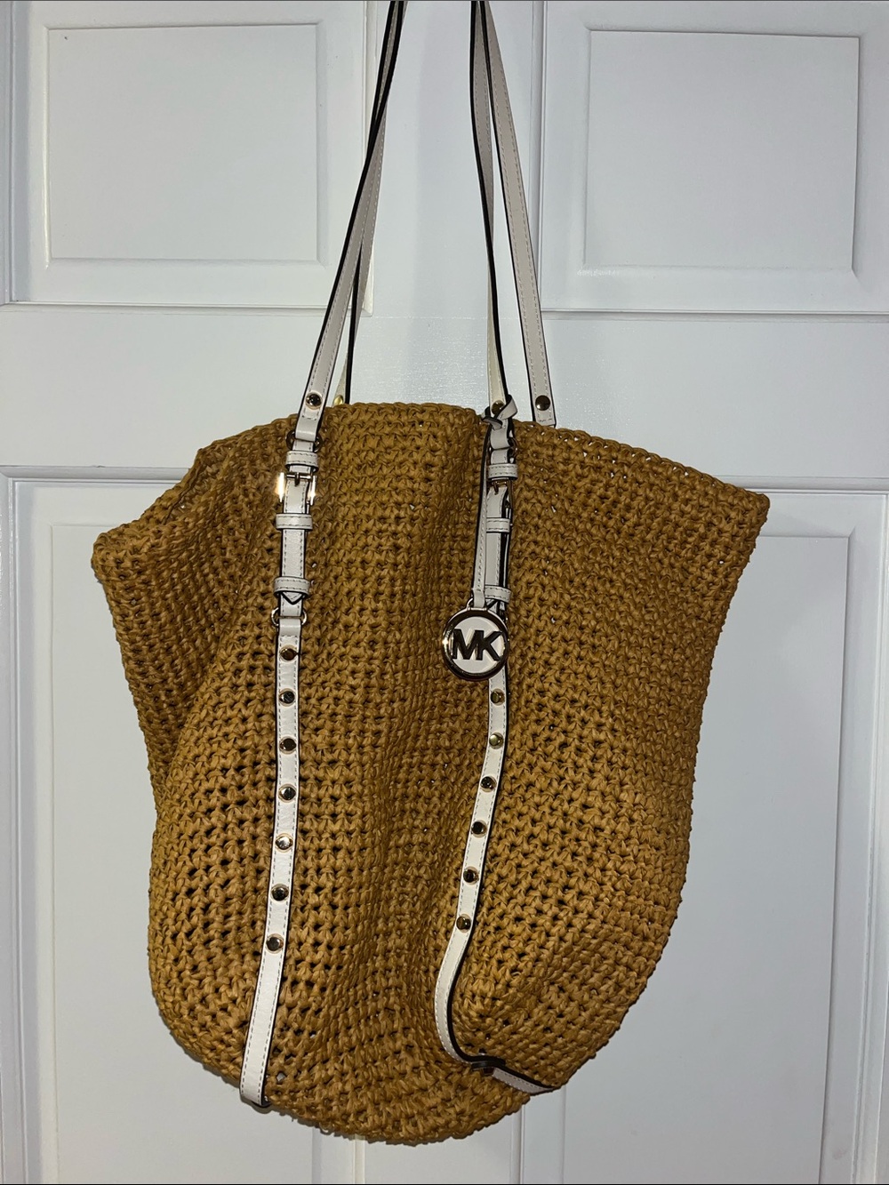 Michael Kors Brown Woven Straw Large Tote with White Trim